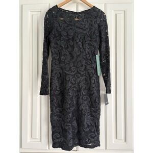 Marina Womens Black Abstract Lace Long Sleeve Sheath Dress Size 6 NWT